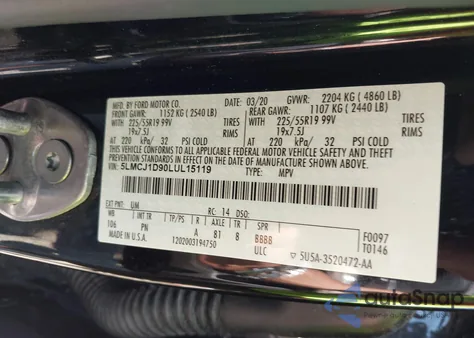 2020 Lincoln Corsair Standard z USA, uszkodzony, nr VIN 5LMCJ1D90LUL15119